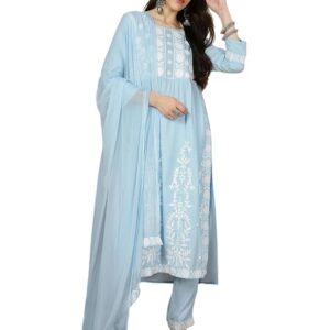 Kaari Women's Chikankari Kurta Set with Dupatta -Fit & Flare Fit | Chiffon Dupatta with Embroidered Band | Straight Pant with Side Pocket | Kurta Set For Women