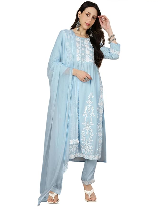 Kaari Women's Chikankari Kurta Set with Dupatta -Fit & Flare Fit | Chiffon Dupatta with Embroidered Band | Straight Pant with Side Pocket | Kurta Set For Women