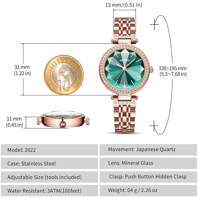 NIBOSI Women Stainless Steel Watches Analog Rose Gold Band and Square Dial Women's Watch for Girls&Miss&Ladies Diamond Studded with Stylish Watches Waterproof - Image 5